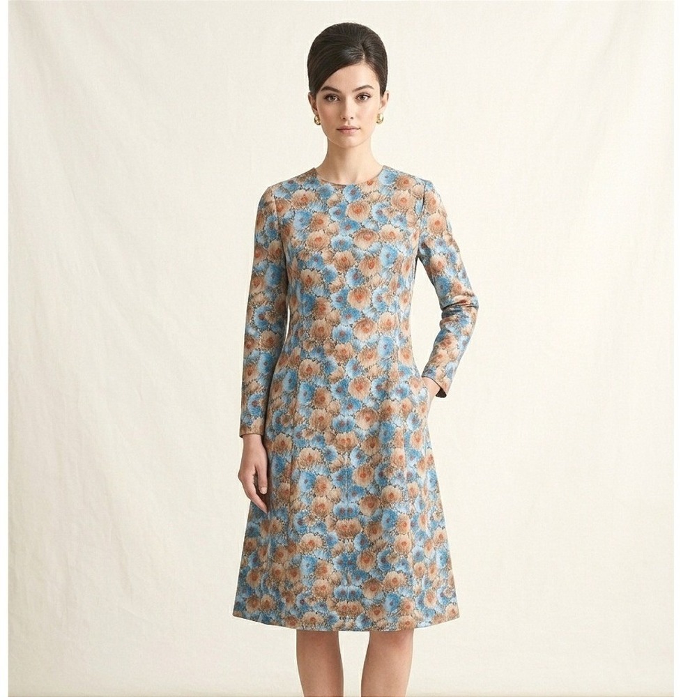 Vintage Floral A-Line Midi Dress Womens XL Blue Orange Long Sleeve Knit